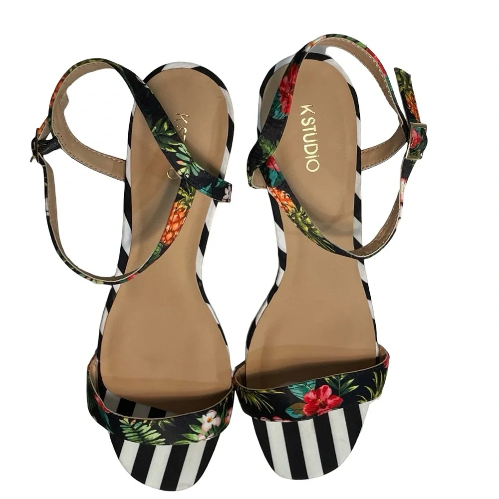 [10.5] K STUDIO Tropical Floral Pineapple Stripe Block Heel Sandal Women’s - Picture 3 of 6